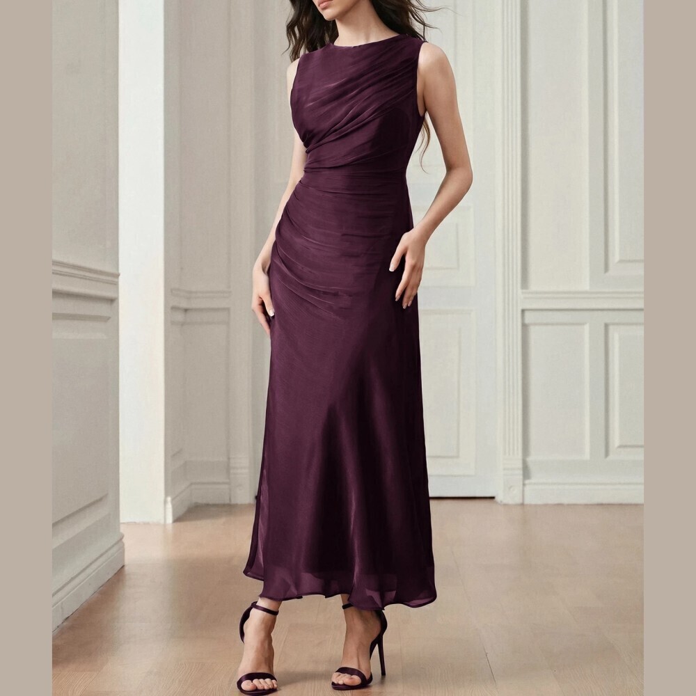 Plum Purple Draped Ruched Sleeveless Round Neck Midi Dress